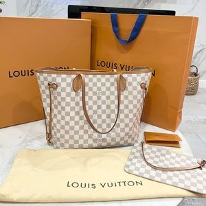 💯 Authentic Louis Vuitton Neverfull MM Damier Azur with Pochette FULL SET